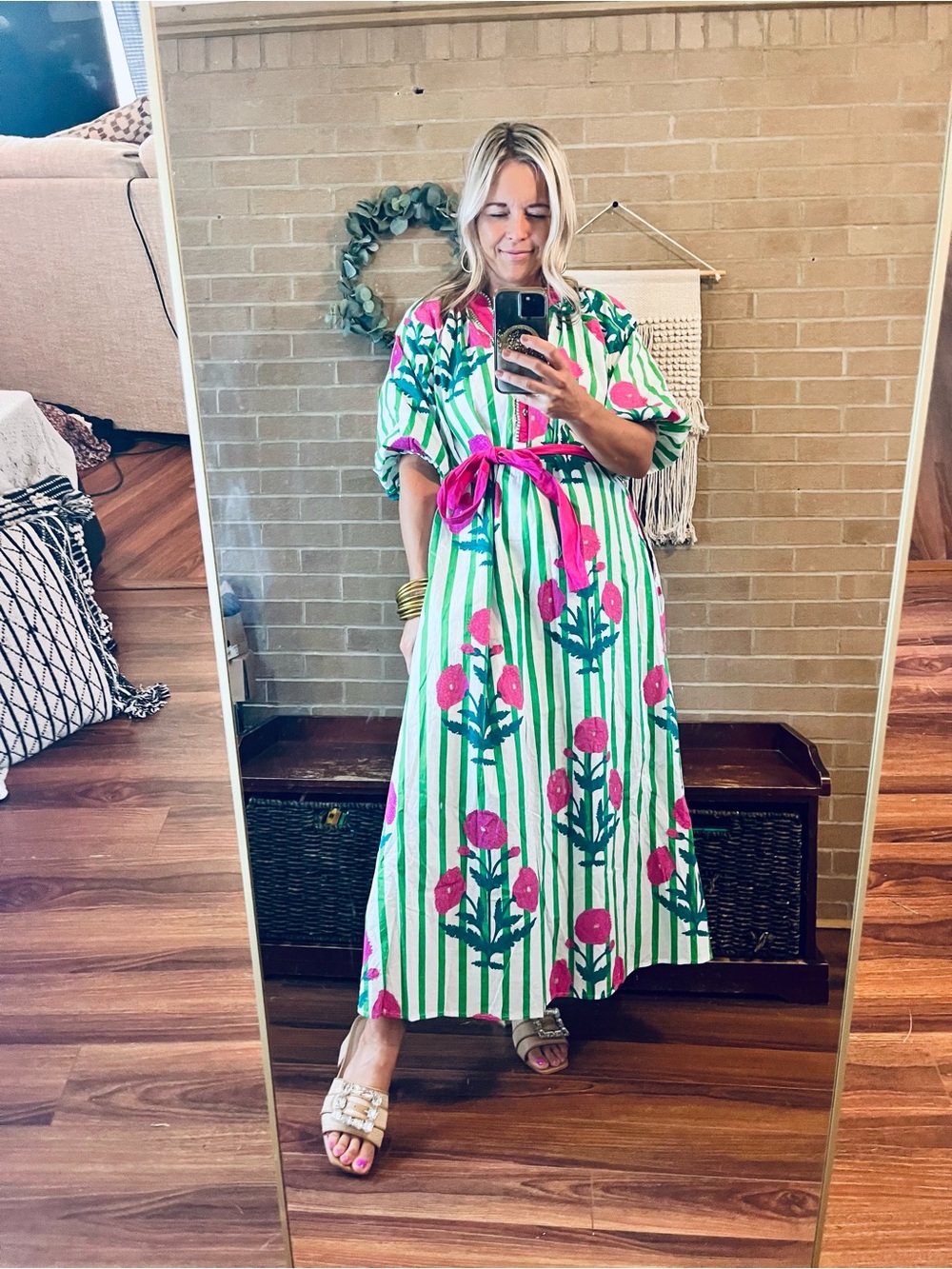 Umgee Pink & Green Striped Floral Midi Dress
